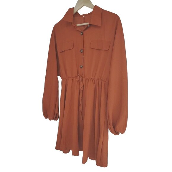 Large Oversized Collared Button Front Long Sleeve Mini Shirt Dress Burnt Orange - Picture 3 of 9